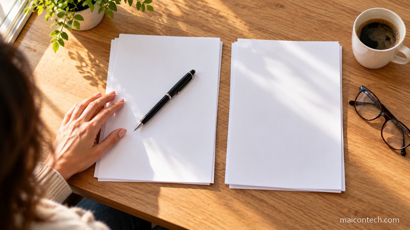 Duas pilhas de folhas de papel branco pousadas lado a lado numa mesa de madeira, com uma caneta e a mão de uma mulher