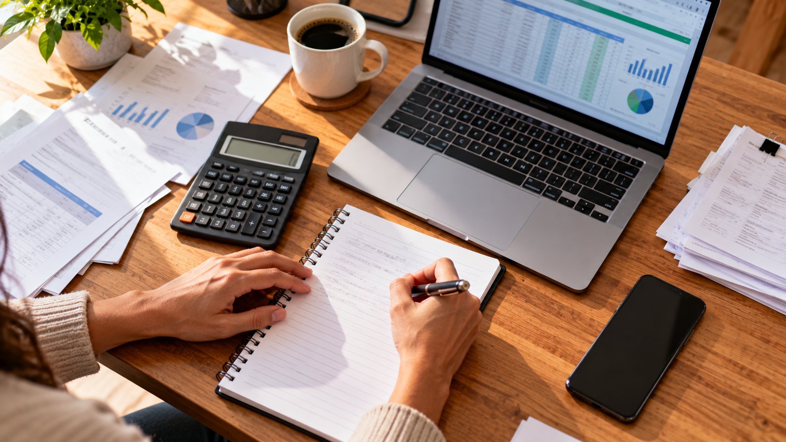 Mesa vista de cima com papéis, calculadora, computador portátil e mãos a escrever num caderno