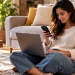 Mulher sentada no chão da sala encostada ao sofá, com um computador portátil ao colo e o telemóvel na mão