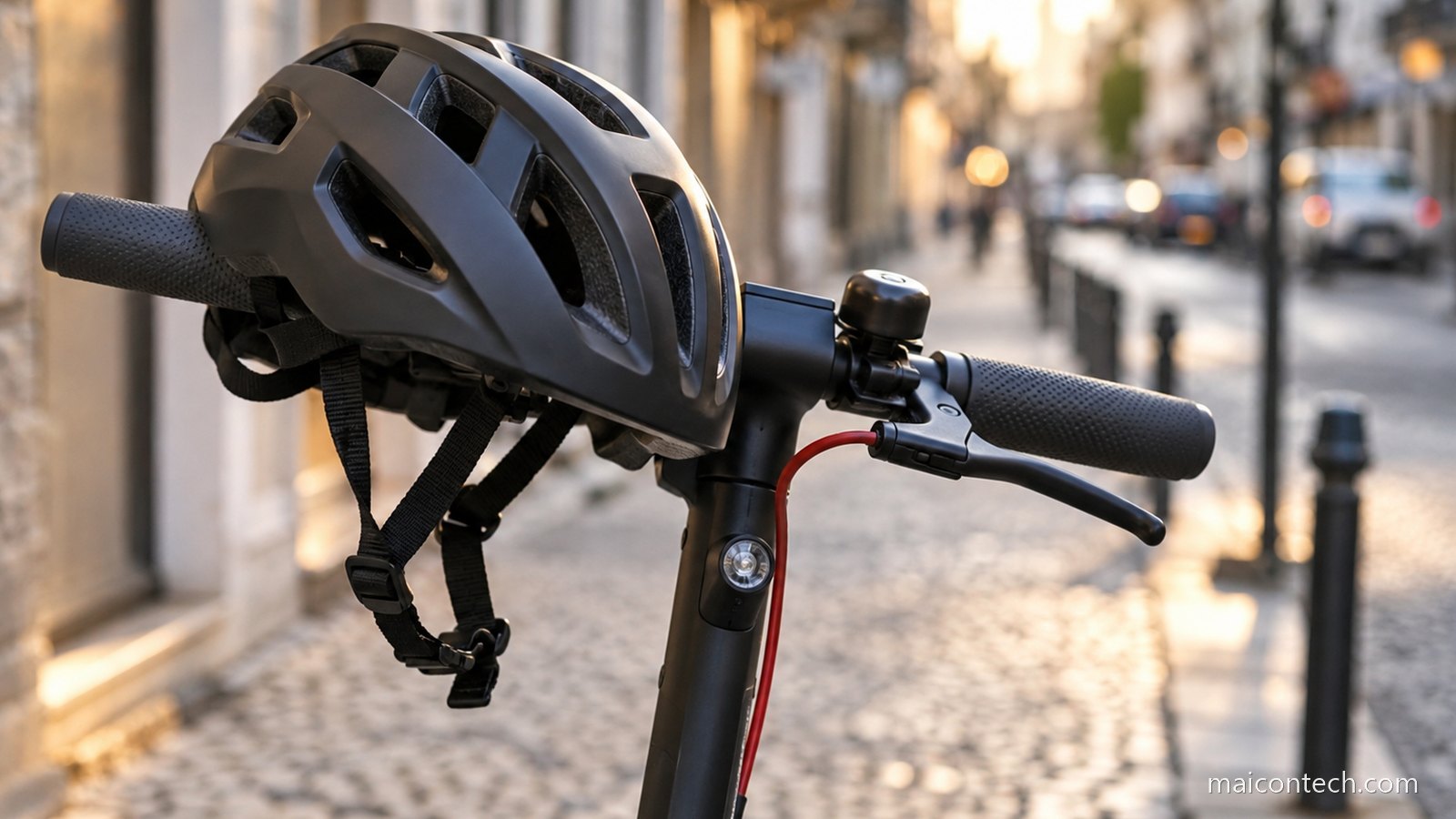 Capacete de ciclismo preto pousado no guiador de uma trotinete eletrica, com uma rua de calcada desfocada ao fundo
