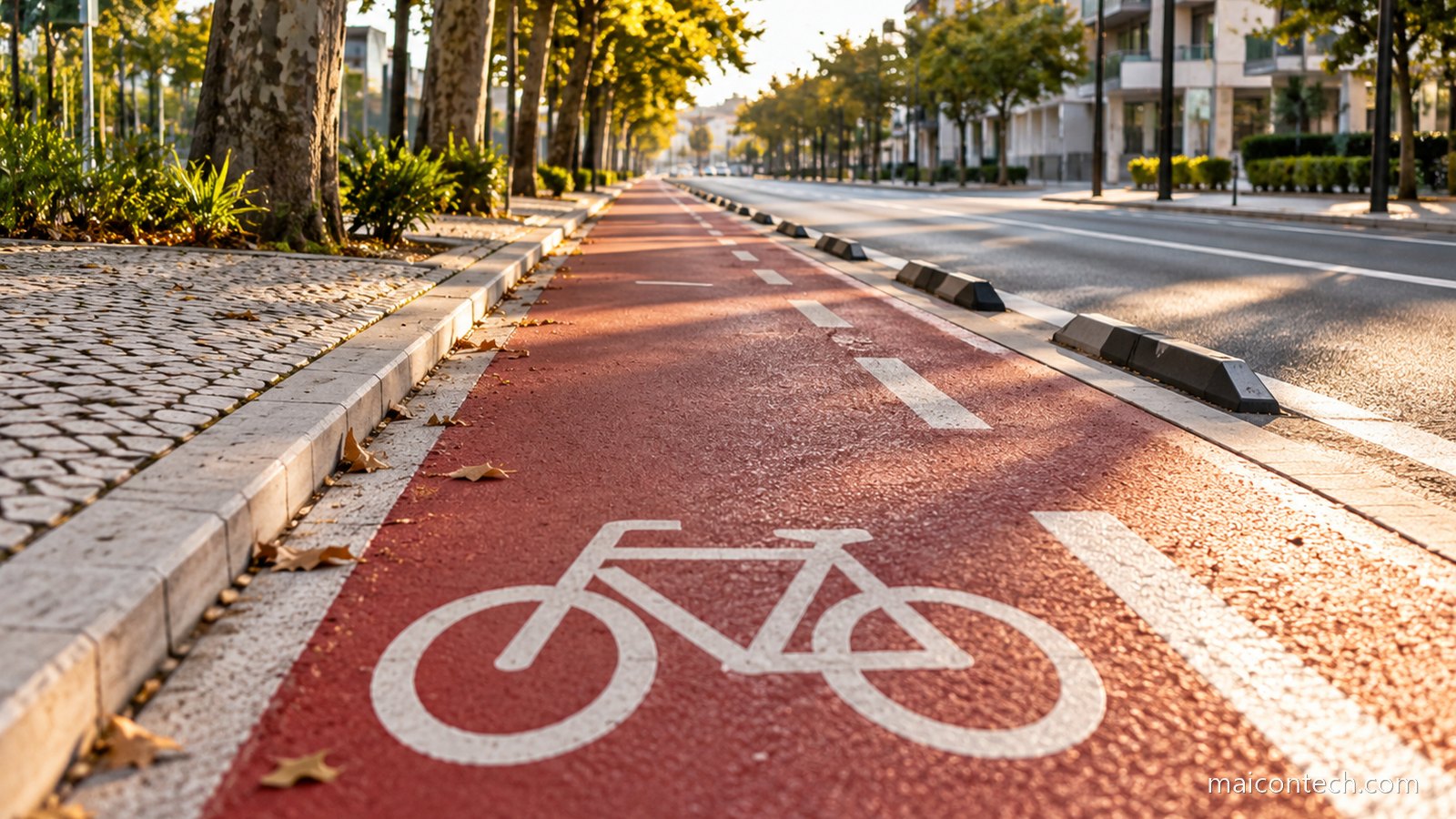 Ciclovia urbana pintada de vermelho com o simbolo da bicicleta no chao, separada da estrada por blocos, com arvores ao longo do passeio