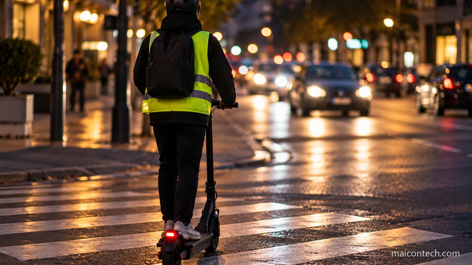 Pessoa de costas, com capacete e colete refletor amarelo, a atravessar uma passadeira de trotinete a noite, com farois de carros ao fundo