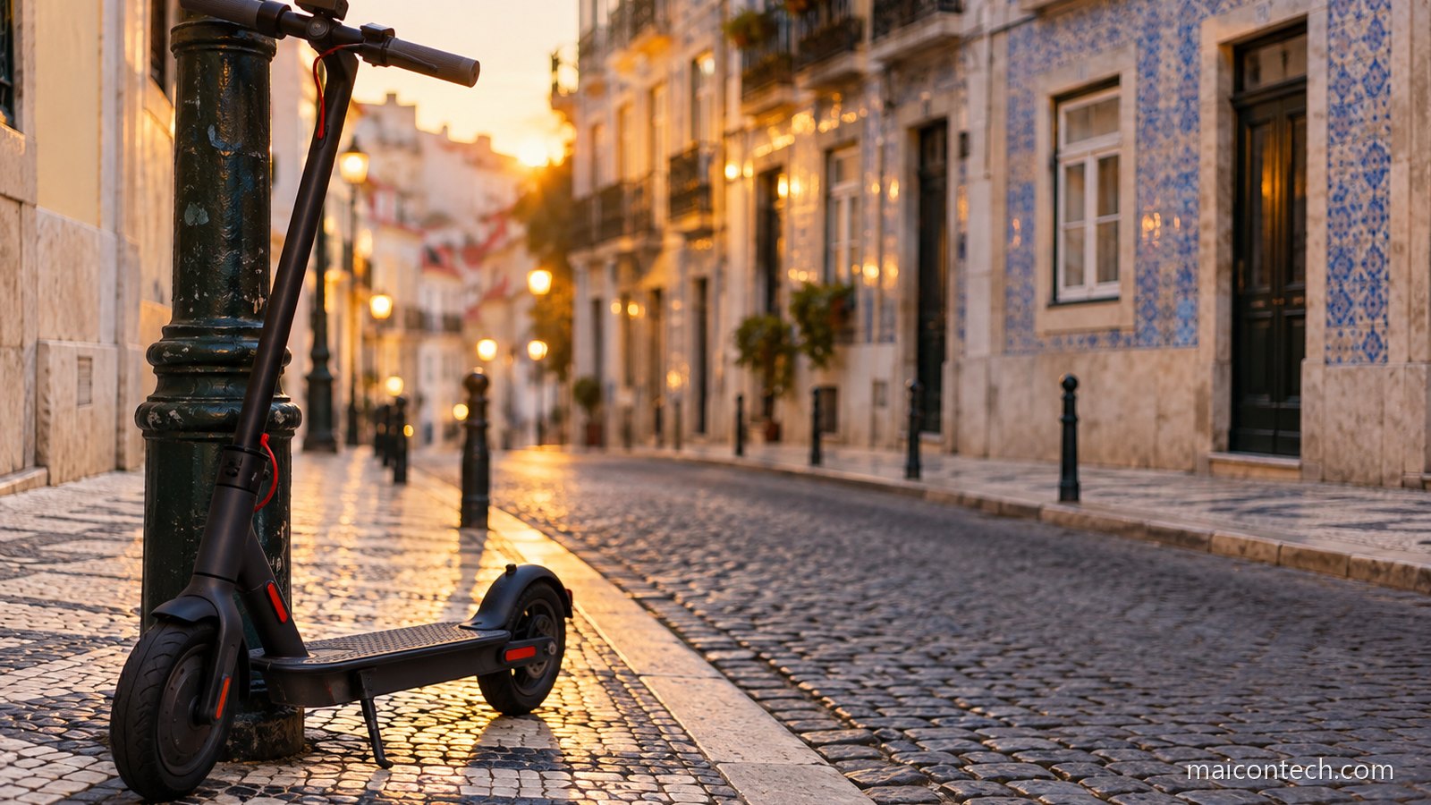 Trotinete elétrica encostada a um poste numa rua de calçada portuguesa ao por do sol, com fachadas de azulejos azuis dos dois lados