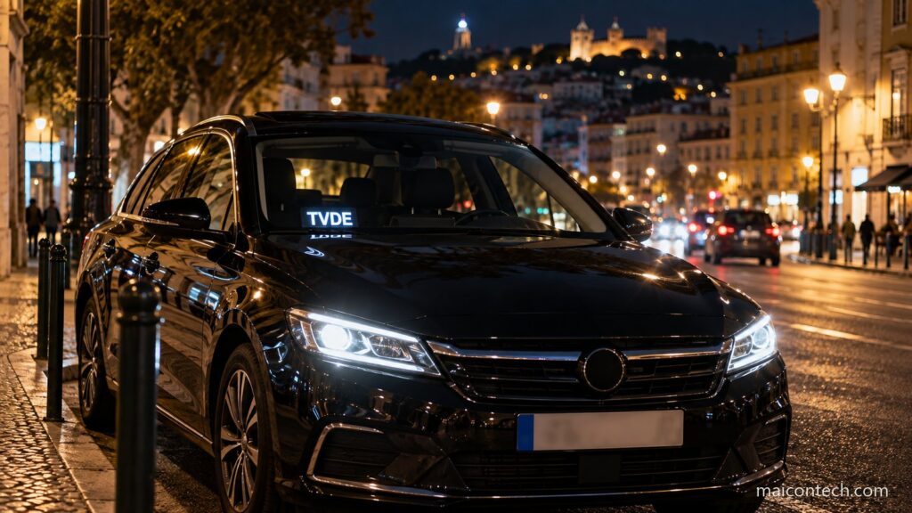 Carro preto de servico TVDE parado numa rua de Lisboa a noite, com o distico iluminado no para-brisas e as luzes da cidade e do castelo ao fundo