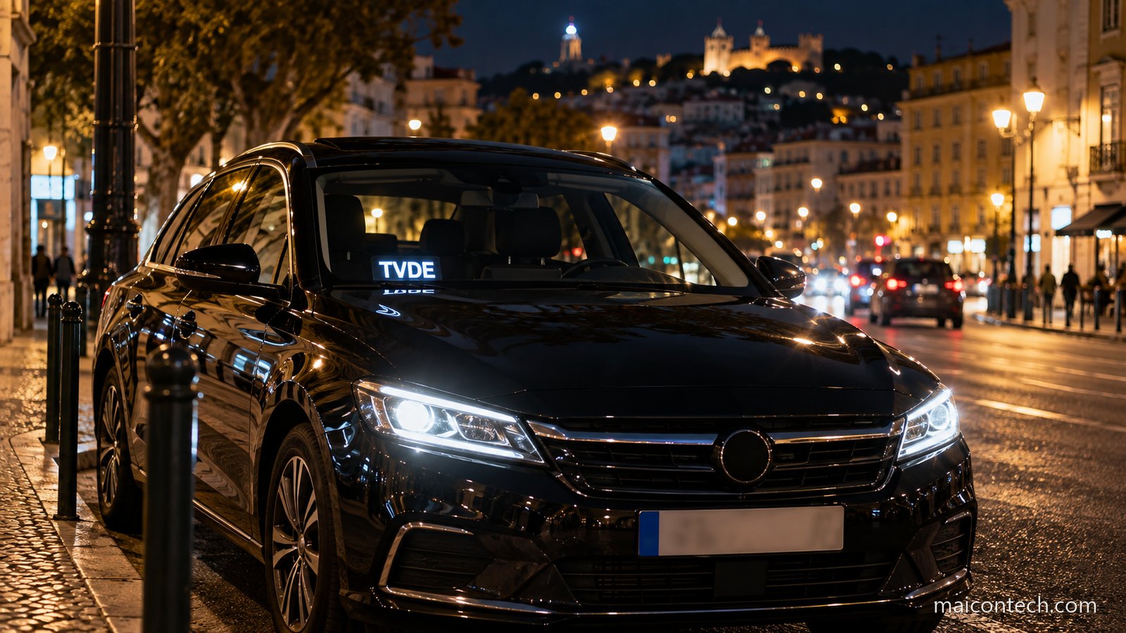Carro preto de servico TVDE parado numa rua de Lisboa a noite, com o distico iluminado no para-brisas e as luzes da cidade e do castelo ao fundo