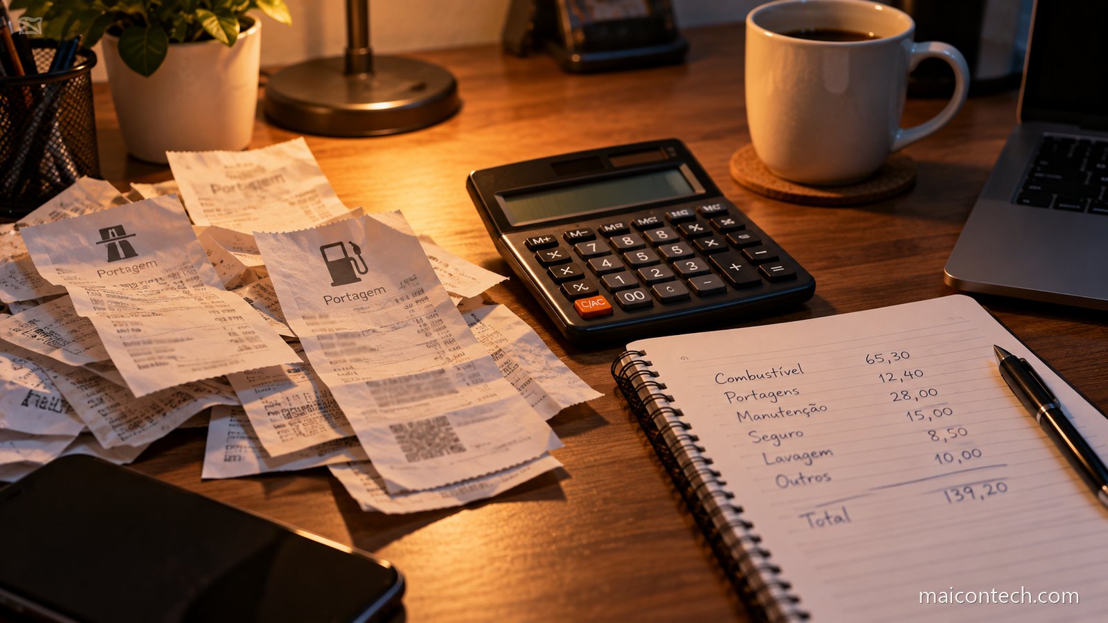 Mesa com uma pilha de recibos de combustivel e portagens ao lado de uma calculadora e de um caderno com contas escritas a mao, a luz de um candeeiro