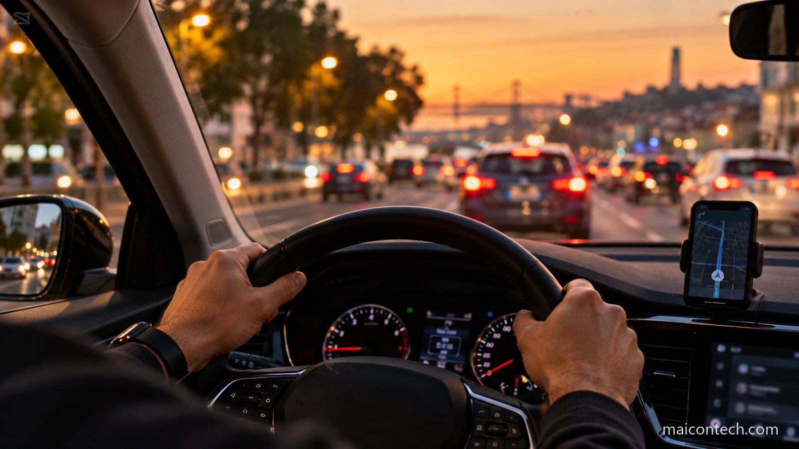Maos ao volante de um carro vistas de tras do condutor, com a cidade e o transito desfocados no para-brisas ao fim da tarde