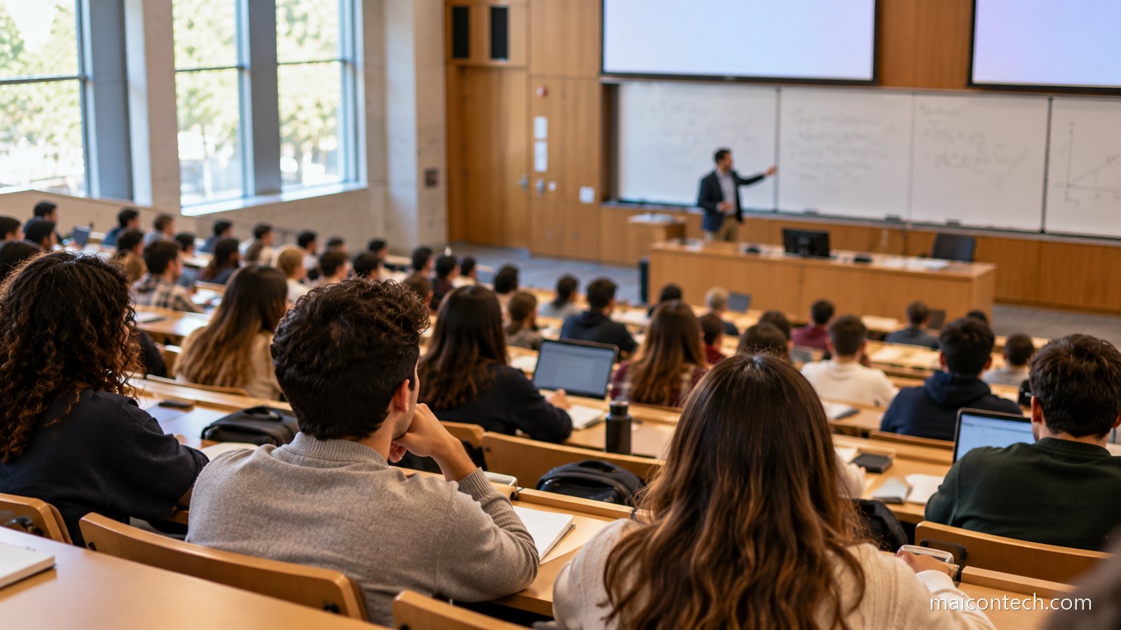 Anfiteatro de aulas moderno visto de trás, com filas de estudantes sentados e um professor ao fundo