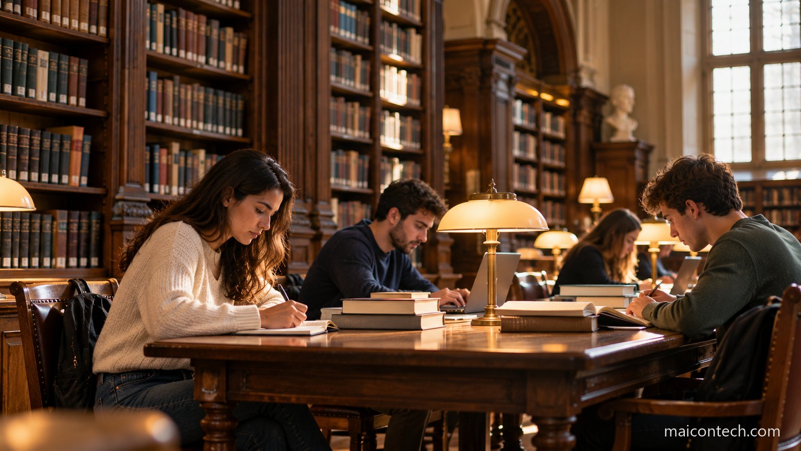 Interior de uma biblioteca universitária antiga com estantes de madeira escura e estudantes sentados a estudar