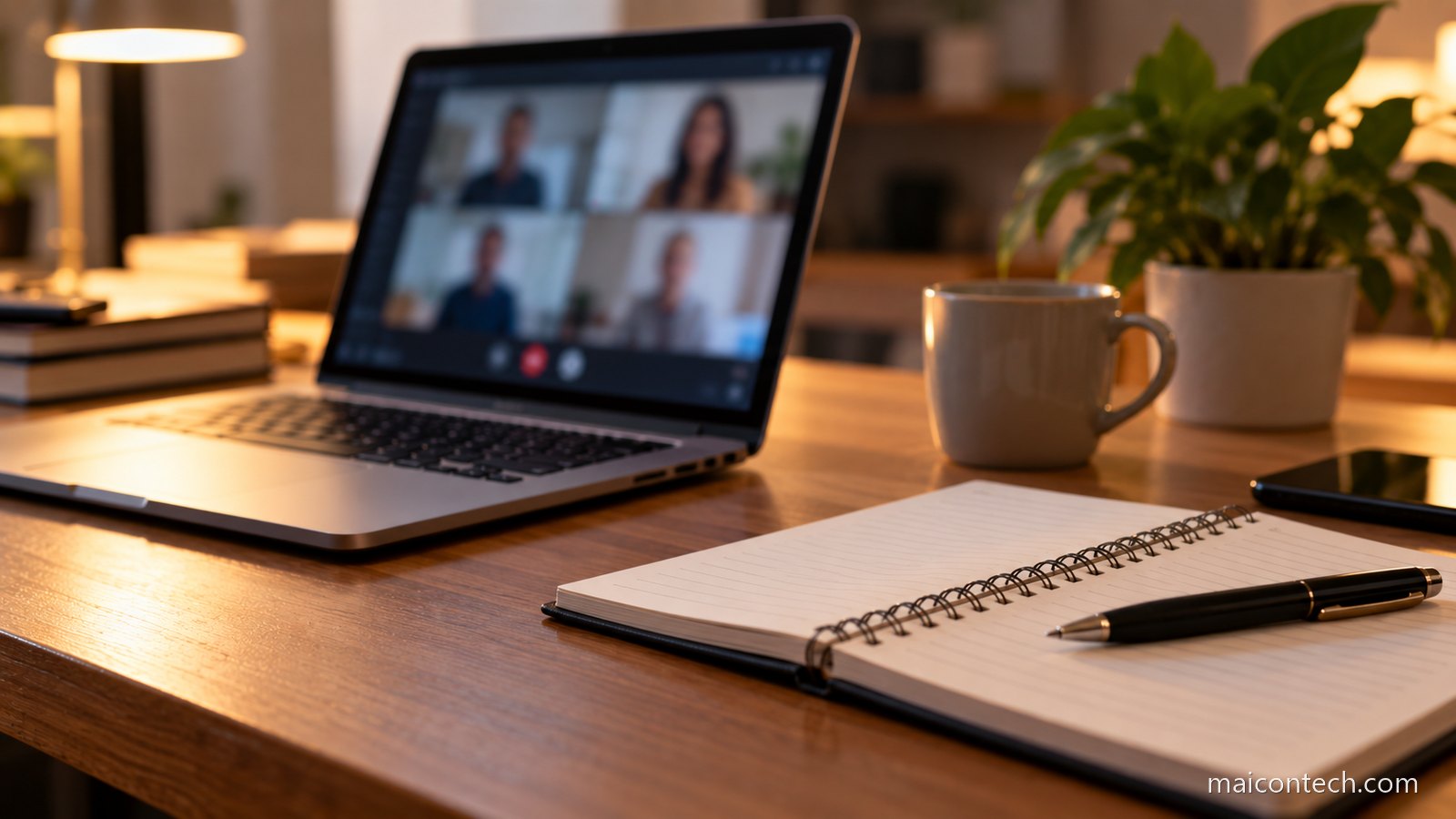 Computador portatil com videochamada no ecra e bloco de notas aberto ao lado, numa secretaria