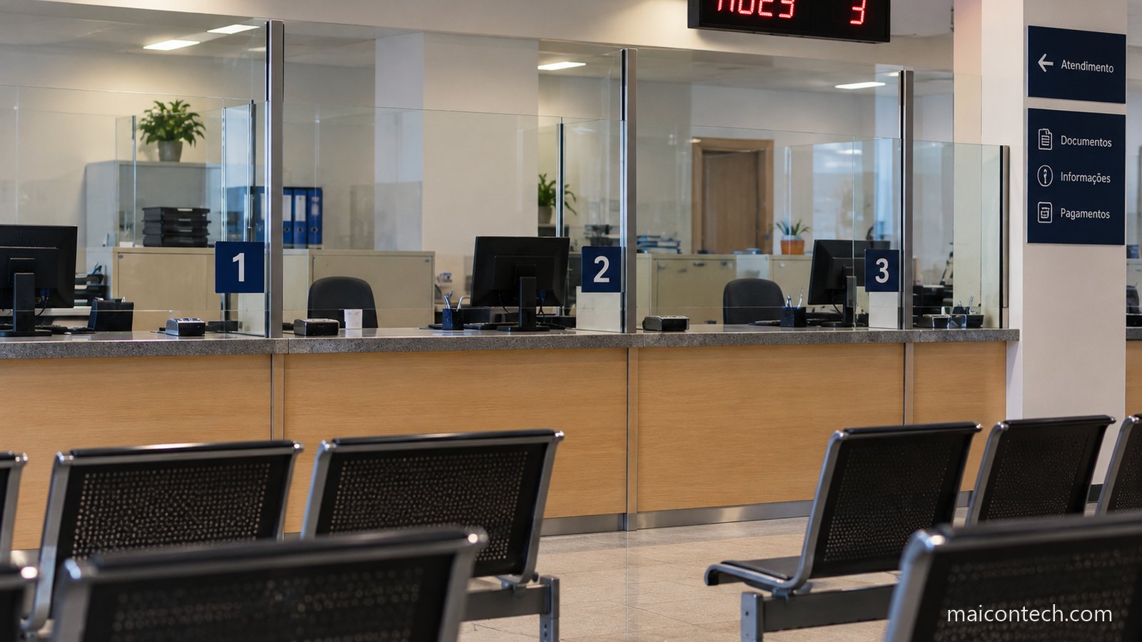 Balcao de atendimento publico com tres guiches numerados e vidro de separacao, cadeiras de espera vazias em primeiro plano
