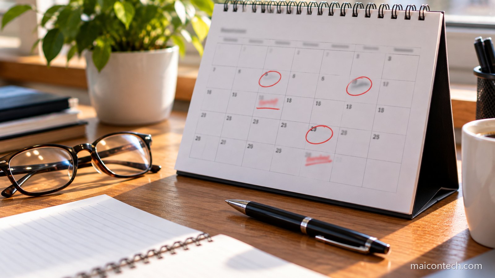 Calendario de secretaria com alguns dias marcados a caneta vermelha, ao lado de uns oculos e de uma esferografica