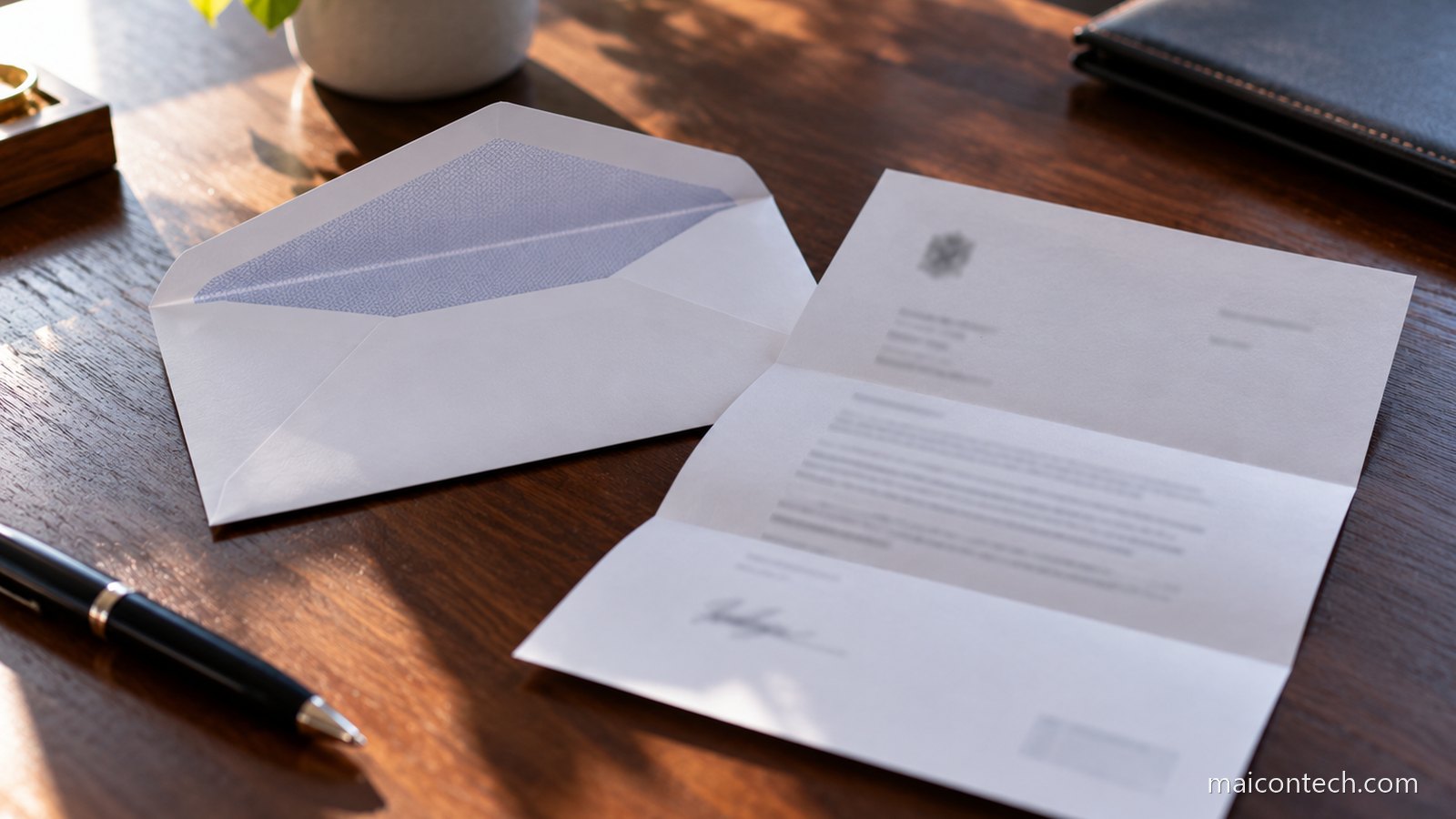 Envelope branco aberto com uma carta dobrada ao lado, sobre uma mesa de madeira escura iluminada por luz de janela