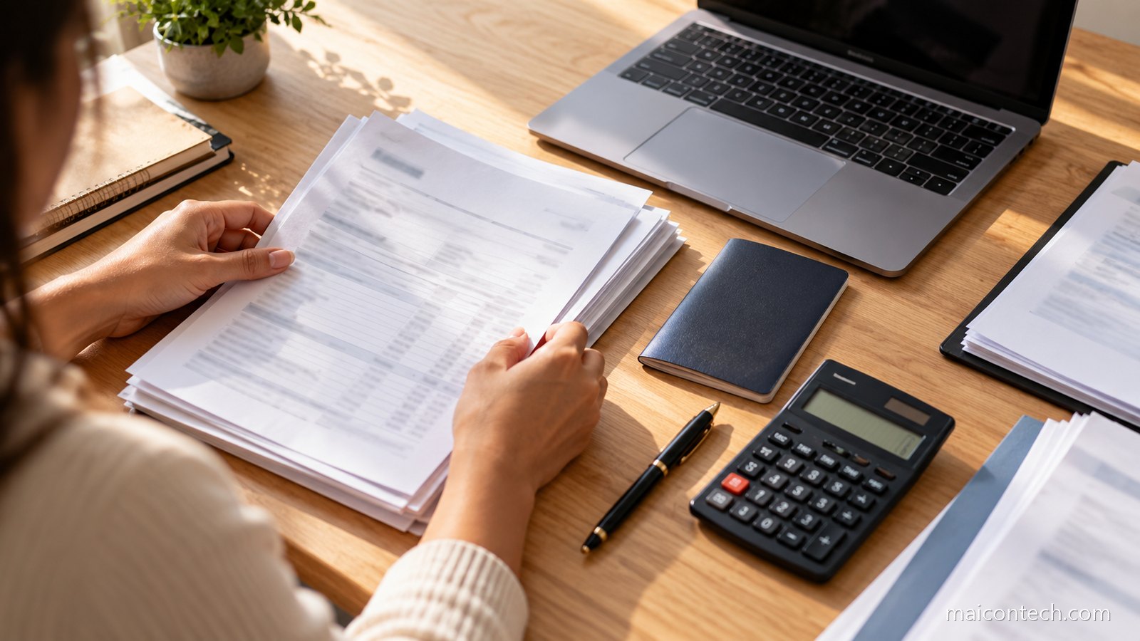 Mãos a organizar extratos bancários sobre uma mesa, ao lado de um passaporte, uma calculadora e um computador portátil