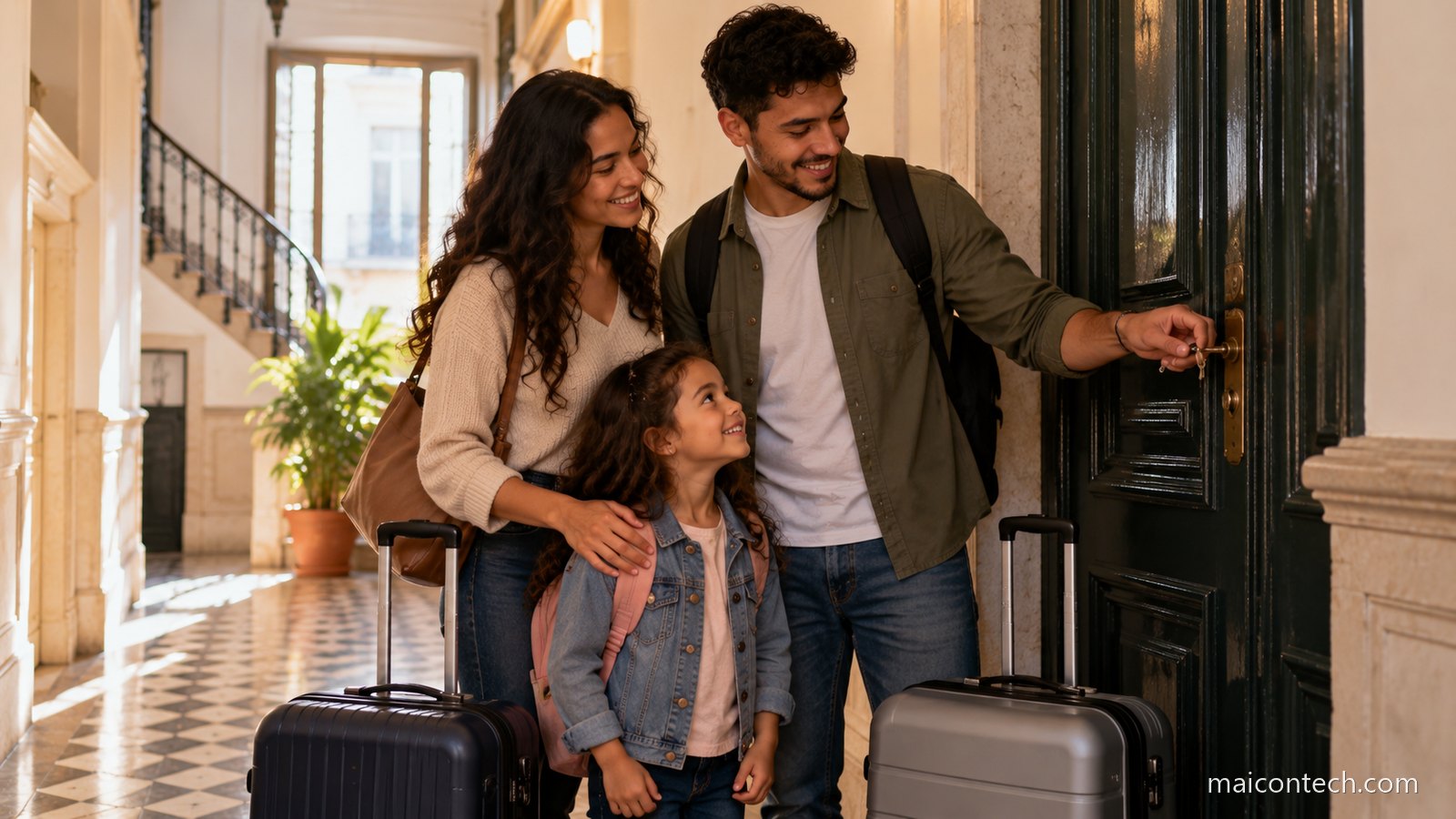 Casal com uma criança e duas malas de viagem a abrir a porta de um apartamento