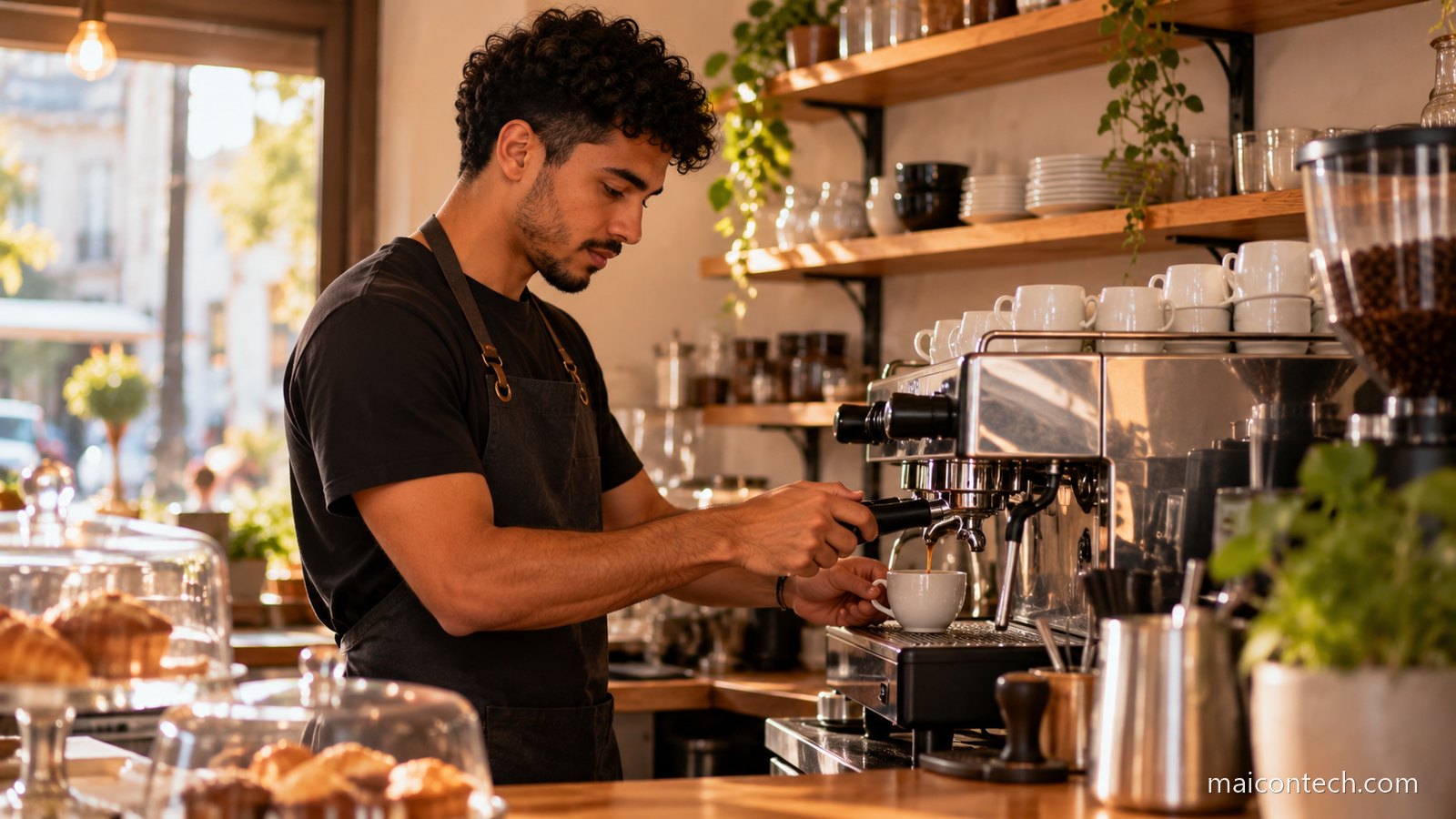 Jovem de avental a tirar um café numa máquina profissional atrás do balcão de uma cafetaria