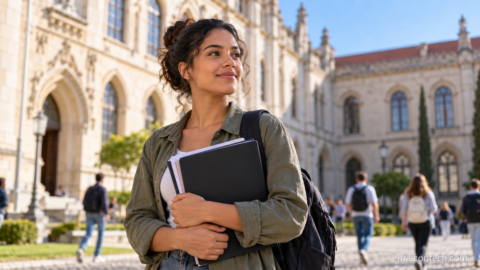 Estudante com mochila e pasta de documentos no pátio de uma universidade histórica