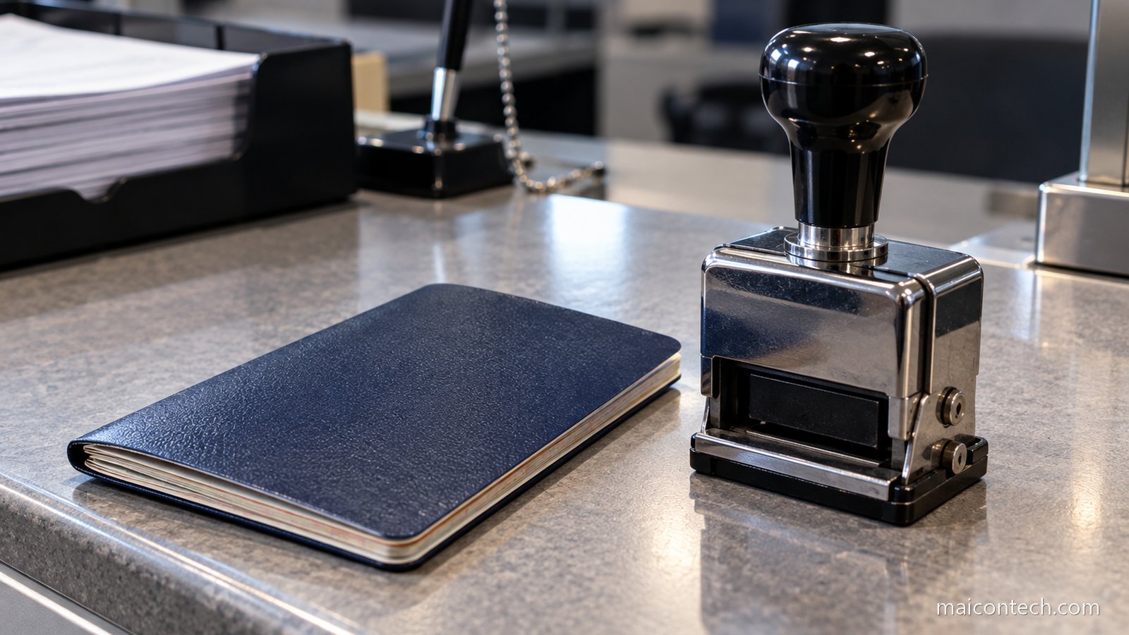 Passaporte fechado de capa escura pousado ao lado de um carimbo metalico num balcao, com luz fria de escritorio