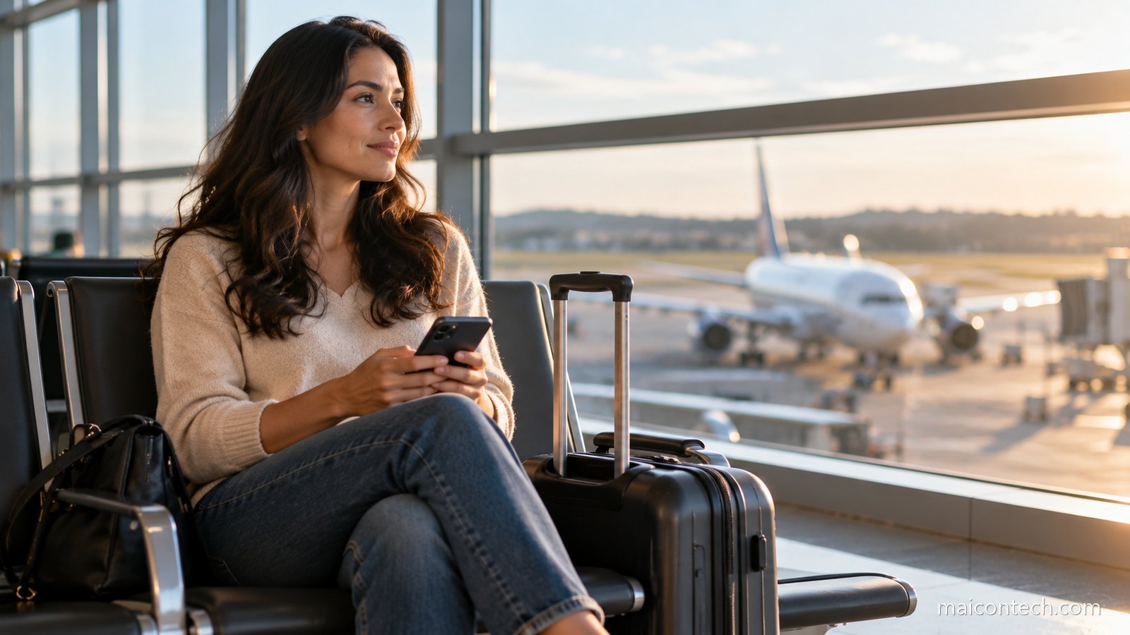 Mulher de cerca de 30 anos sentada numa sala de espera de aeroporto com mala de cabine ao lado e telemóvel na mão