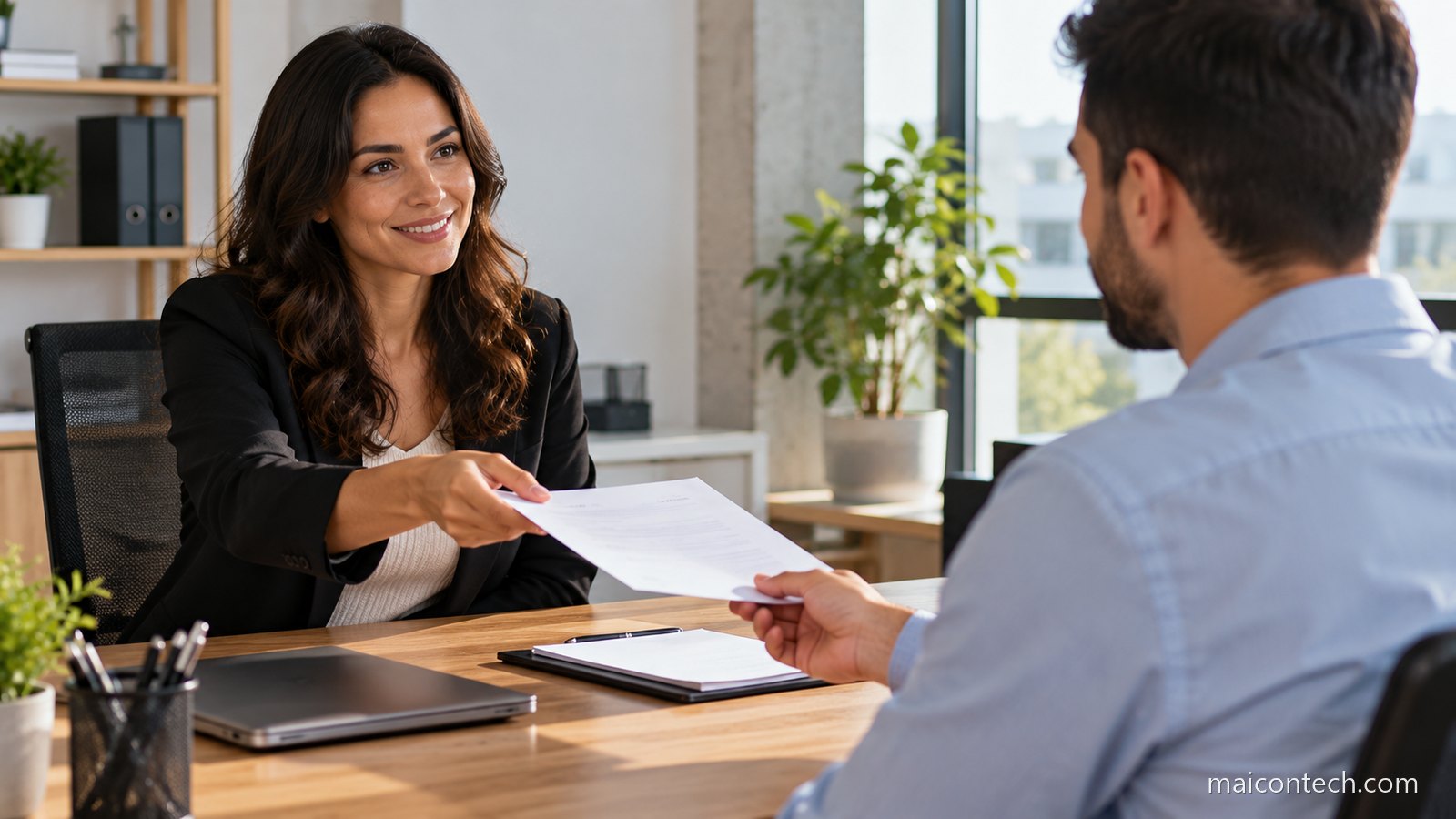Duas pessoas numa entrevista de emprego num escritório claro, uma a estender uma folha à outra sobre a mesa