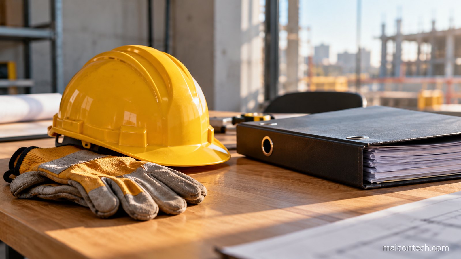 Capacete de obra e luvas de trabalho pousados numa mesa ao lado de uma pasta de documentos